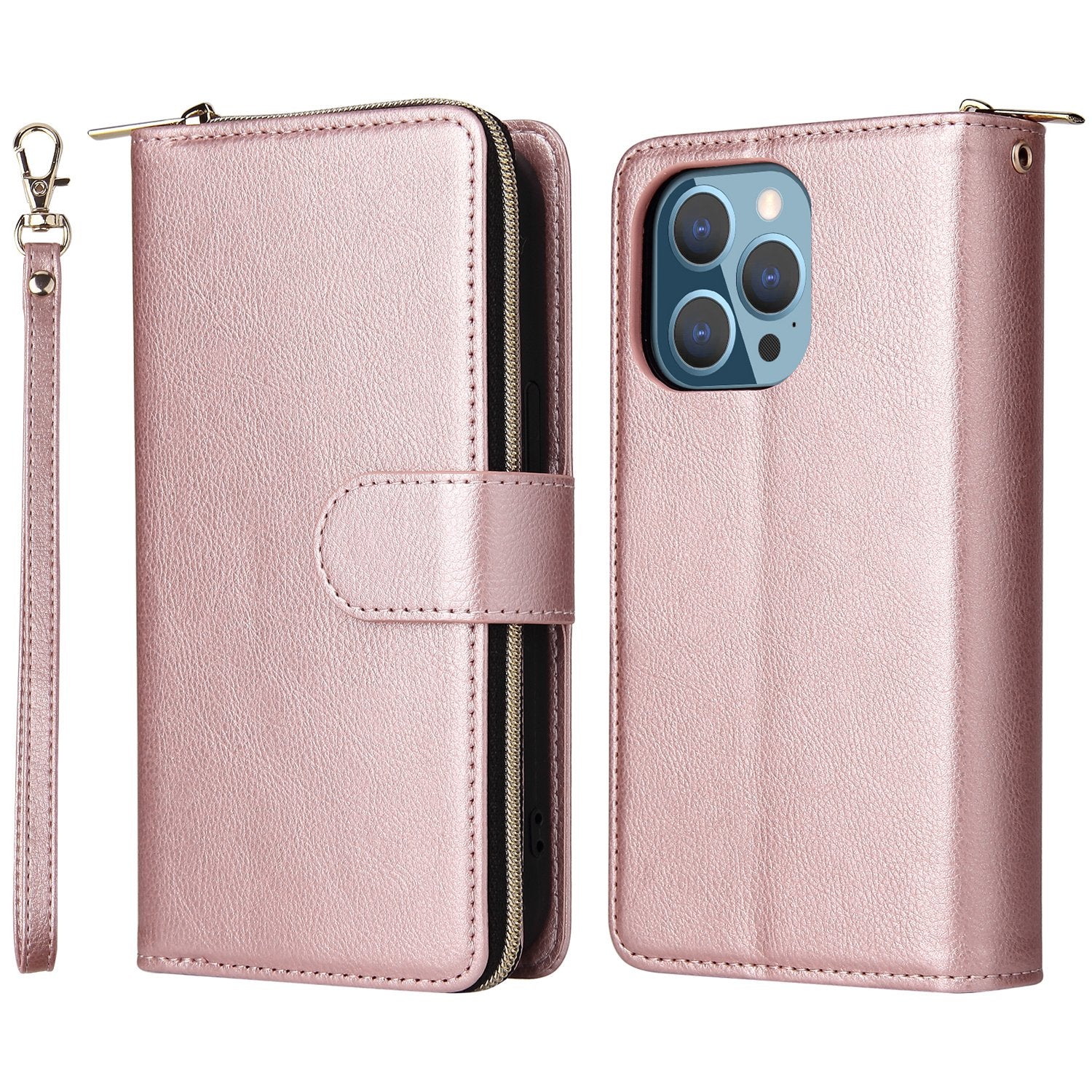 Drop-proof Phone Case For iPhone 13 Pro 6.1 inch, Flip Stand Wallet PU Leather Magnetic Zipper Pocket Smartphone Cover 9 Card Slots with Strap