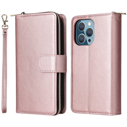 Drop-proof Phone Case For iPhone 13 Pro 6.1 inch, Flip Stand Wallet PU Leather Magnetic Zipper Pocket Smartphone Cover 9 Card Slots with Strap