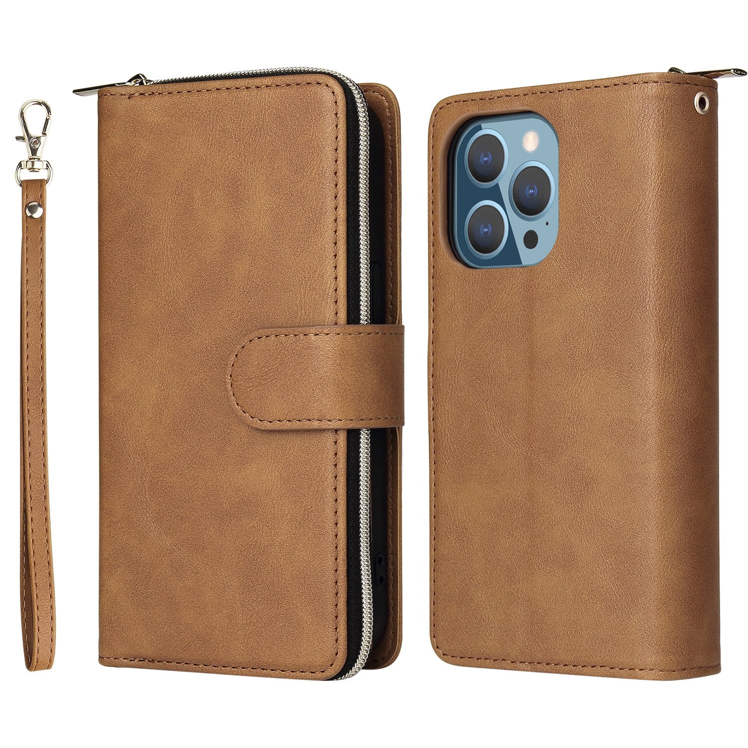 Drop-proof Phone Case For iPhone 13 Pro 6.1 inch, Flip Stand Wallet PU Leather Magnetic Zipper Pocket Smartphone Cover 9 Card Slots with Strap
