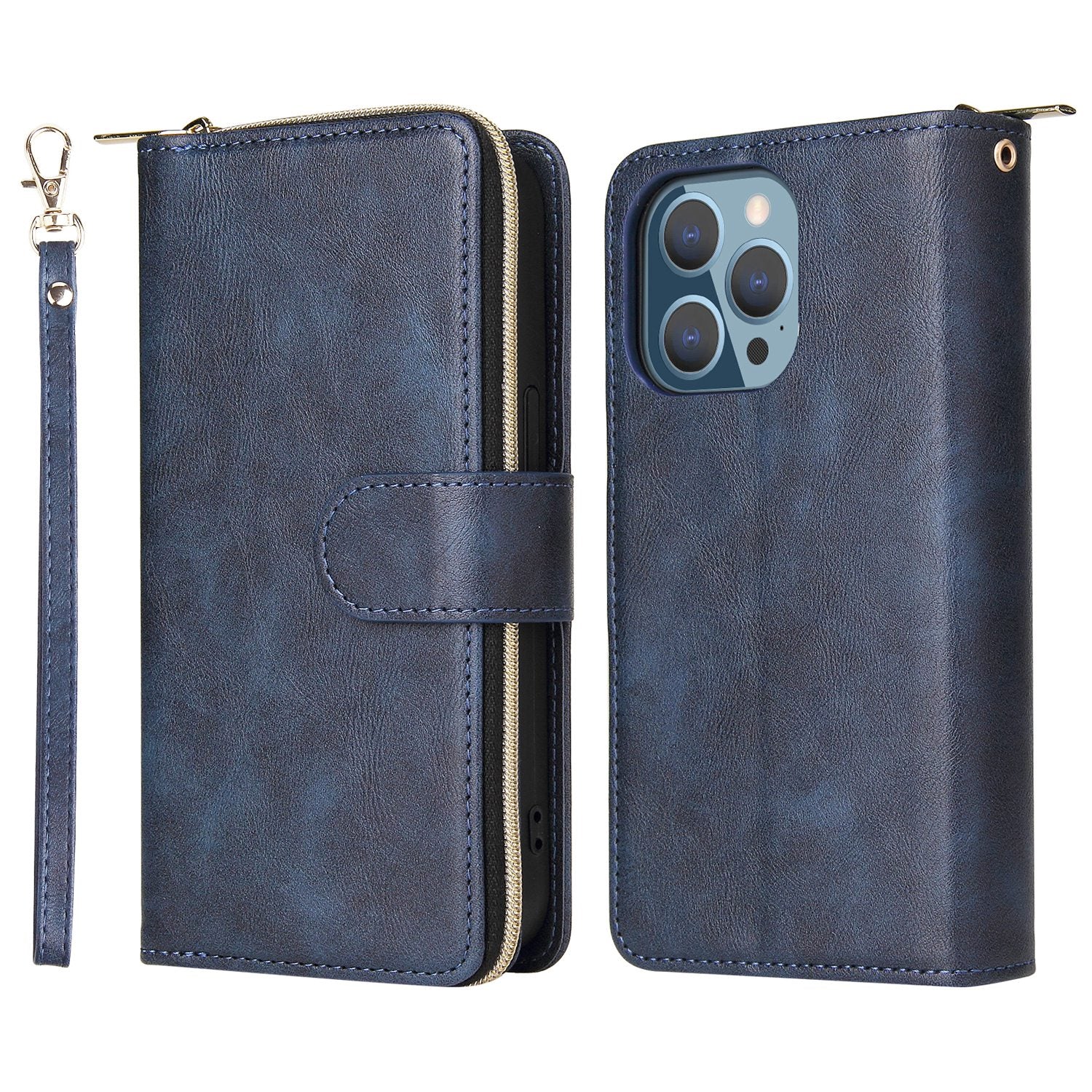 Drop-proof Phone Case For iPhone 13 Pro 6.1 inch, Flip Stand Wallet PU Leather Magnetic Zipper Pocket Smartphone Cover 9 Card Slots with Strap