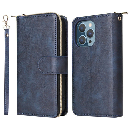 Drop-proof Phone Case For iPhone 13 Pro 6.1 inch, Flip Stand Wallet PU Leather Magnetic Zipper Pocket Smartphone Cover 9 Card Slots with Strap