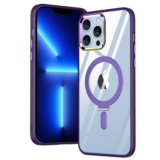 Electroplating Design PC+TPU Phone Shell for iPhone 13 Pro 6.1 inch, Kickstand Function HD Clear Magnetic Phone Case Compatible with MagSafe