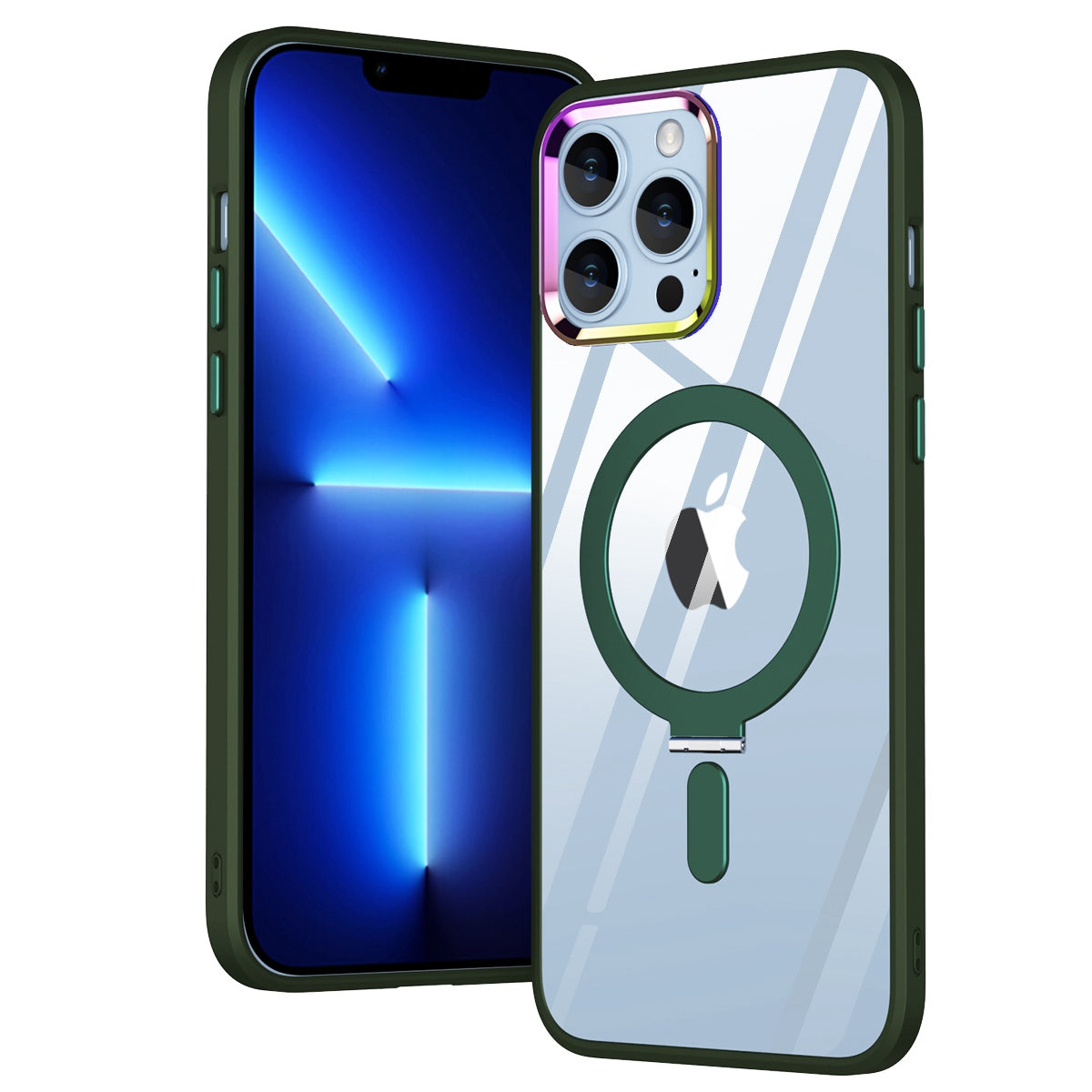 Electroplating Design PC+TPU Phone Shell for iPhone 13 Pro 6.1 inch, Kickstand Function HD Clear Magnetic Phone Case Compatible with MagSafe