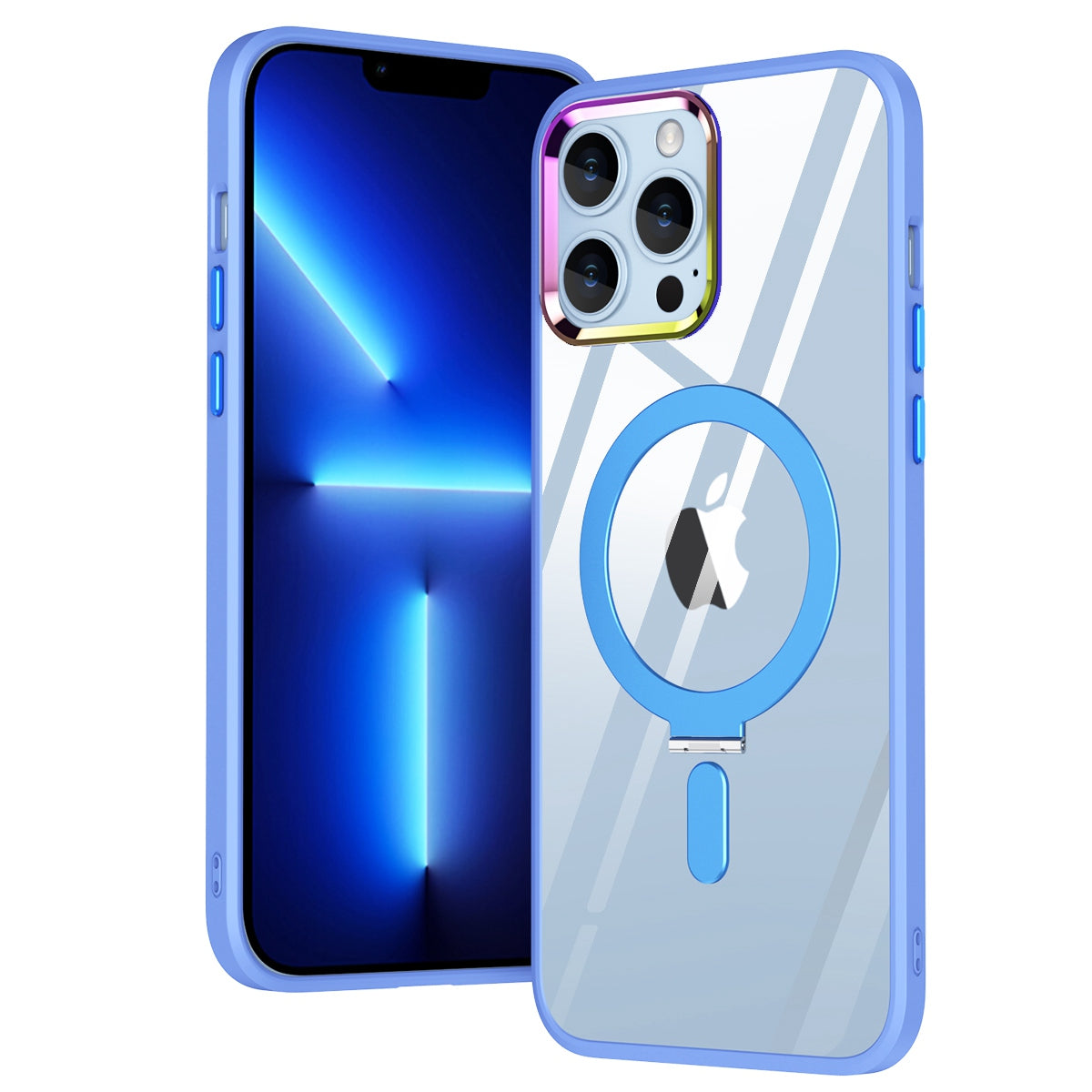 Electroplating Design PC+TPU Phone Shell for iPhone 13 Pro 6.1 inch, Kickstand Function HD Clear Magnetic Phone Case Compatible with MagSafe