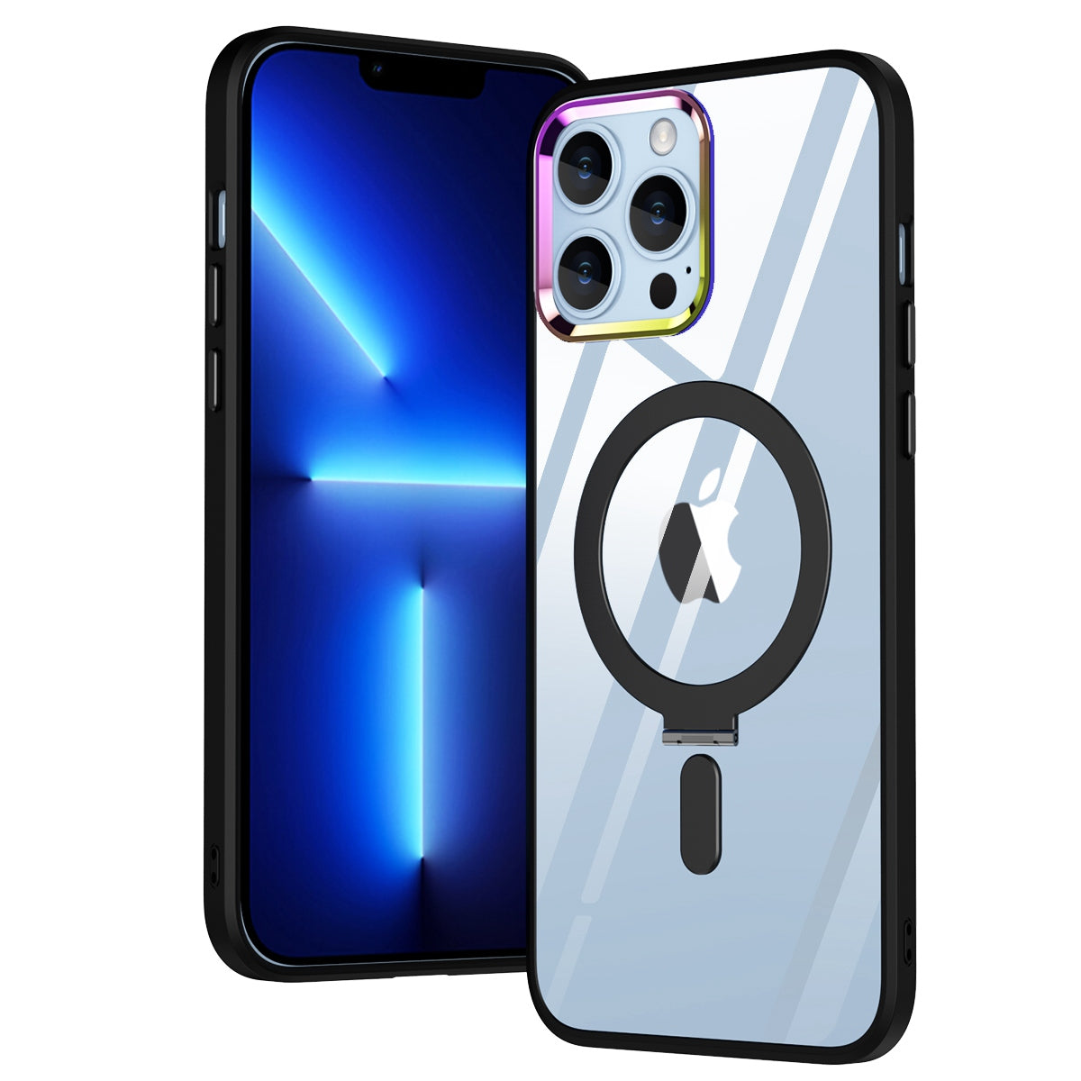 Electroplating Design PC+TPU Phone Shell for iPhone 13 Pro 6.1 inch, Kickstand Function HD Clear Magnetic Phone Case Compatible with MagSafe