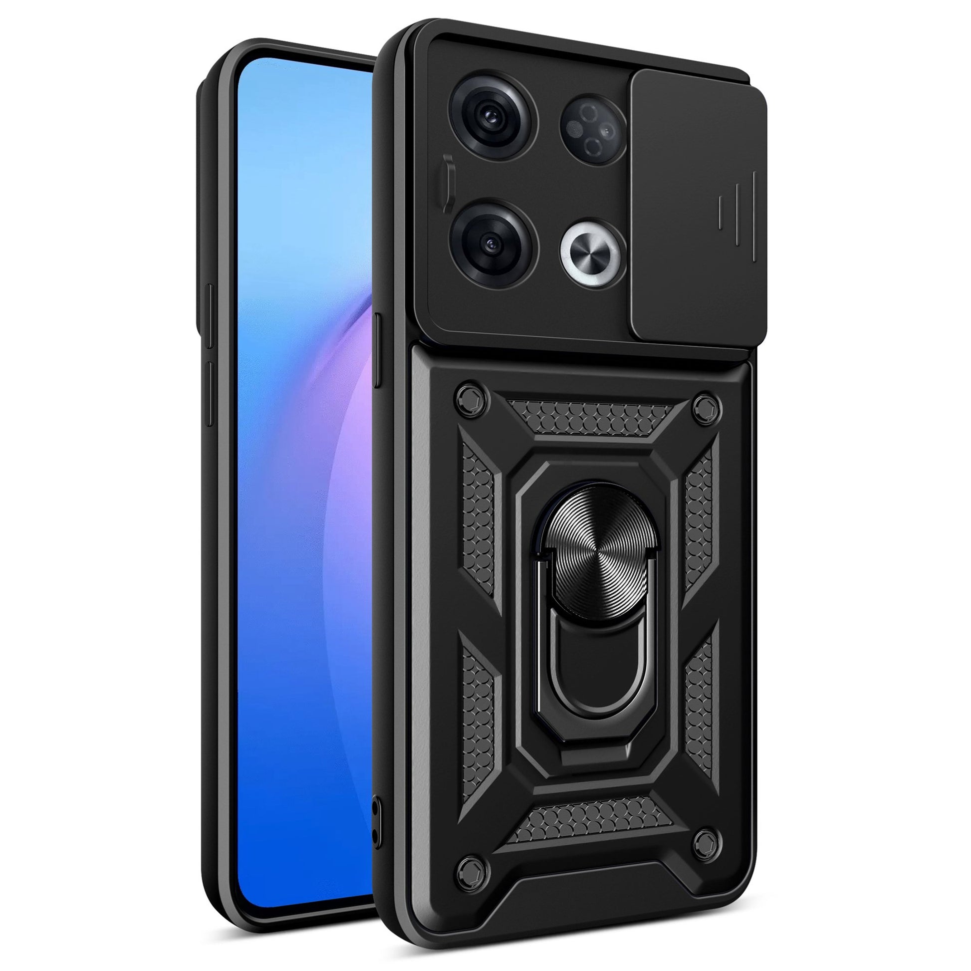 For Oppo Reno8 Pro 5G (Global Version) Ring Kickstand PC + TPU Cover Anti-drop Phone Case with Slide Camera Protector