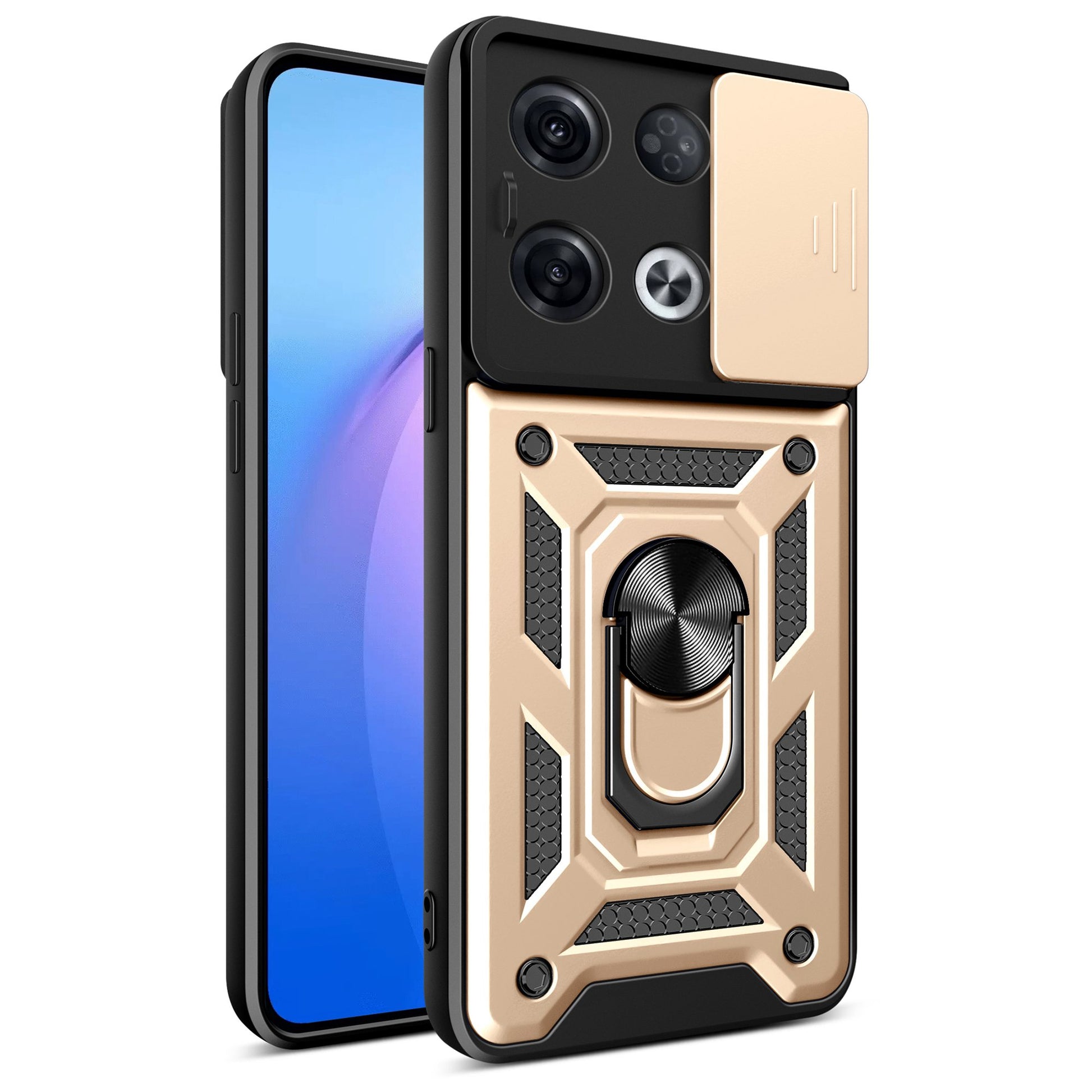 For Oppo Reno8 Pro 5G (Global Version) Ring Kickstand PC + TPU Cover Anti-drop Phone Case with Slide Camera Protector