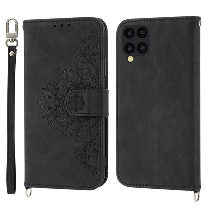 For Samsung Galaxy A12 Imprinted Flowers PU Leather Skin-touch Stand Phone Case Multiple Card Slots Wallet Cover with Wrist Strap and Shoulder Strap