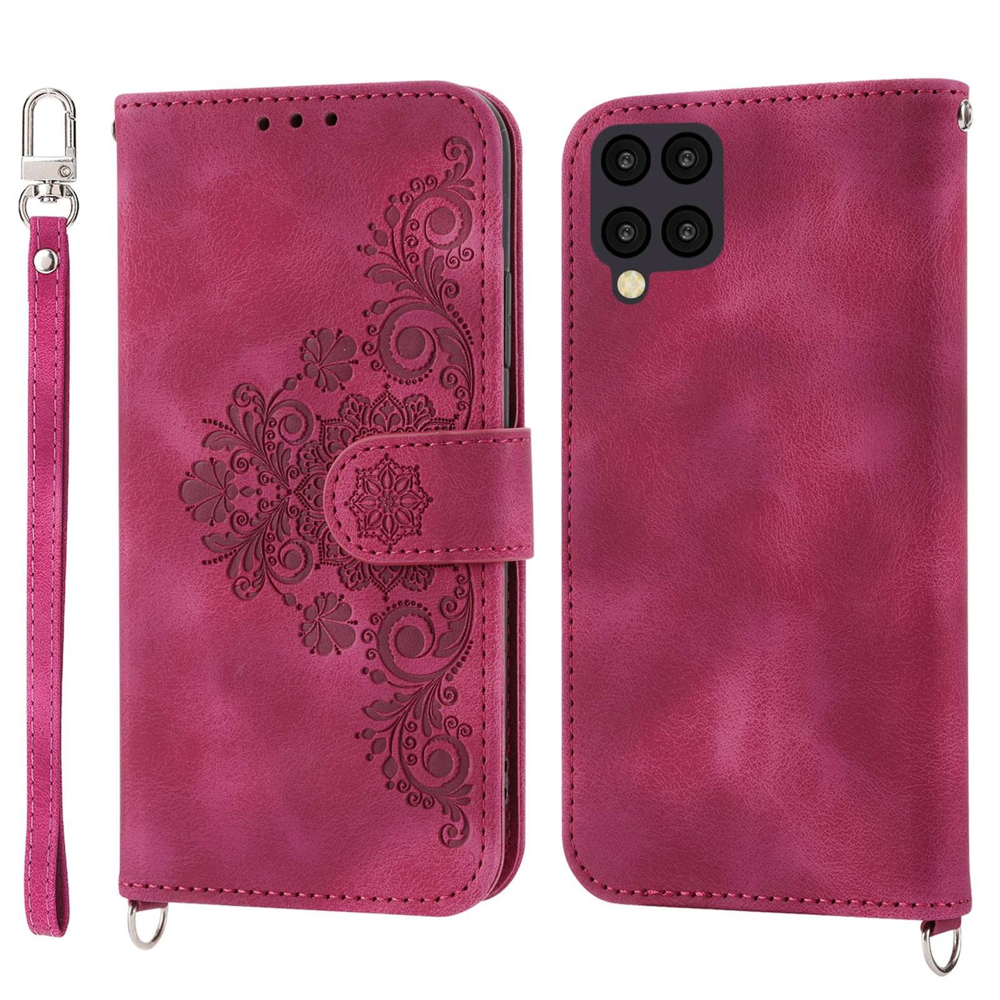 For Samsung Galaxy A12 Imprinted Flowers PU Leather Skin-touch Stand Phone Case Multiple Card Slots Wallet Cover with Wrist Strap and Shoulder Strap