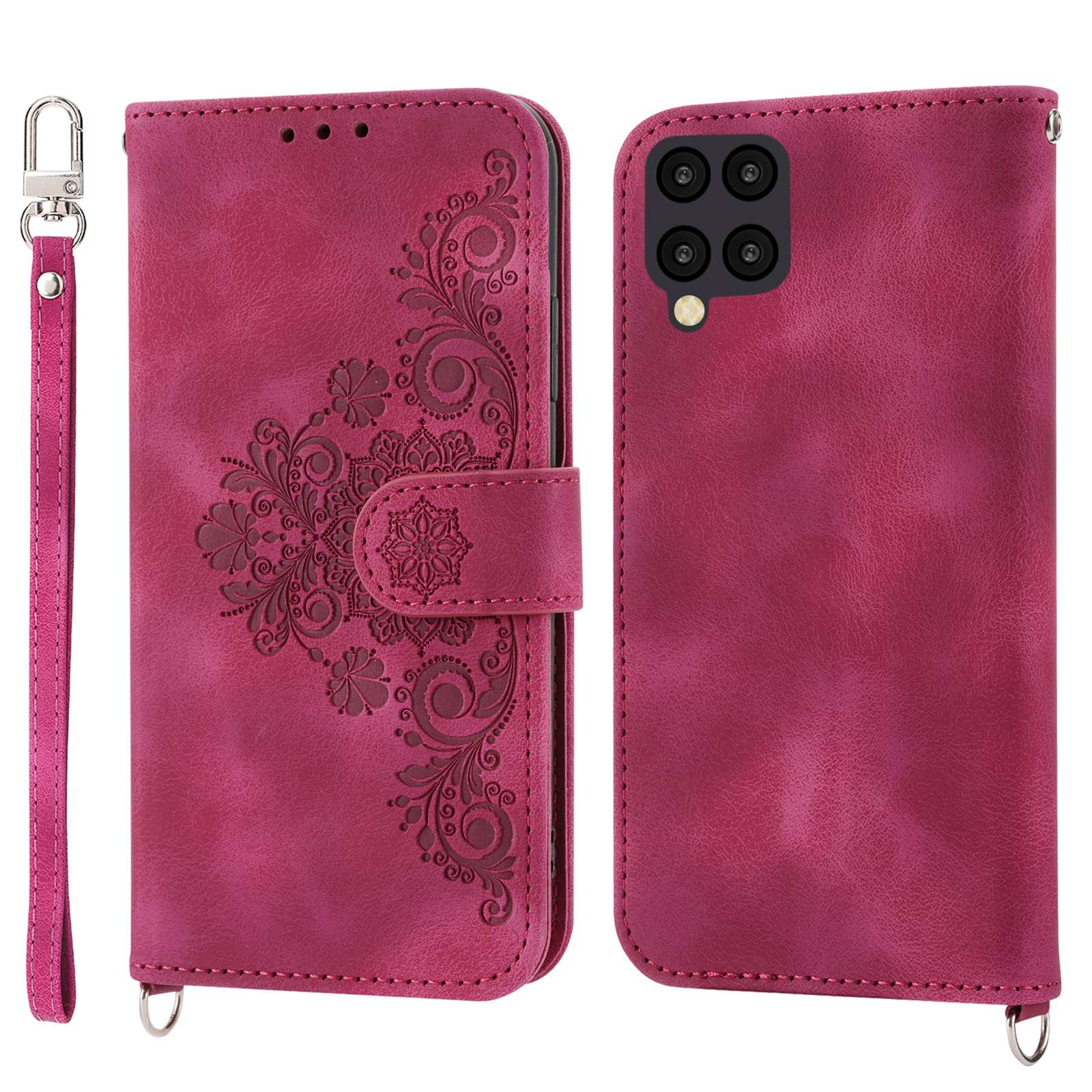 For Samsung Galaxy A12 Imprinted Flowers PU Leather Skin-touch Stand Phone Case Multiple Card Slots Wallet Cover with Wrist Strap and Shoulder Strap