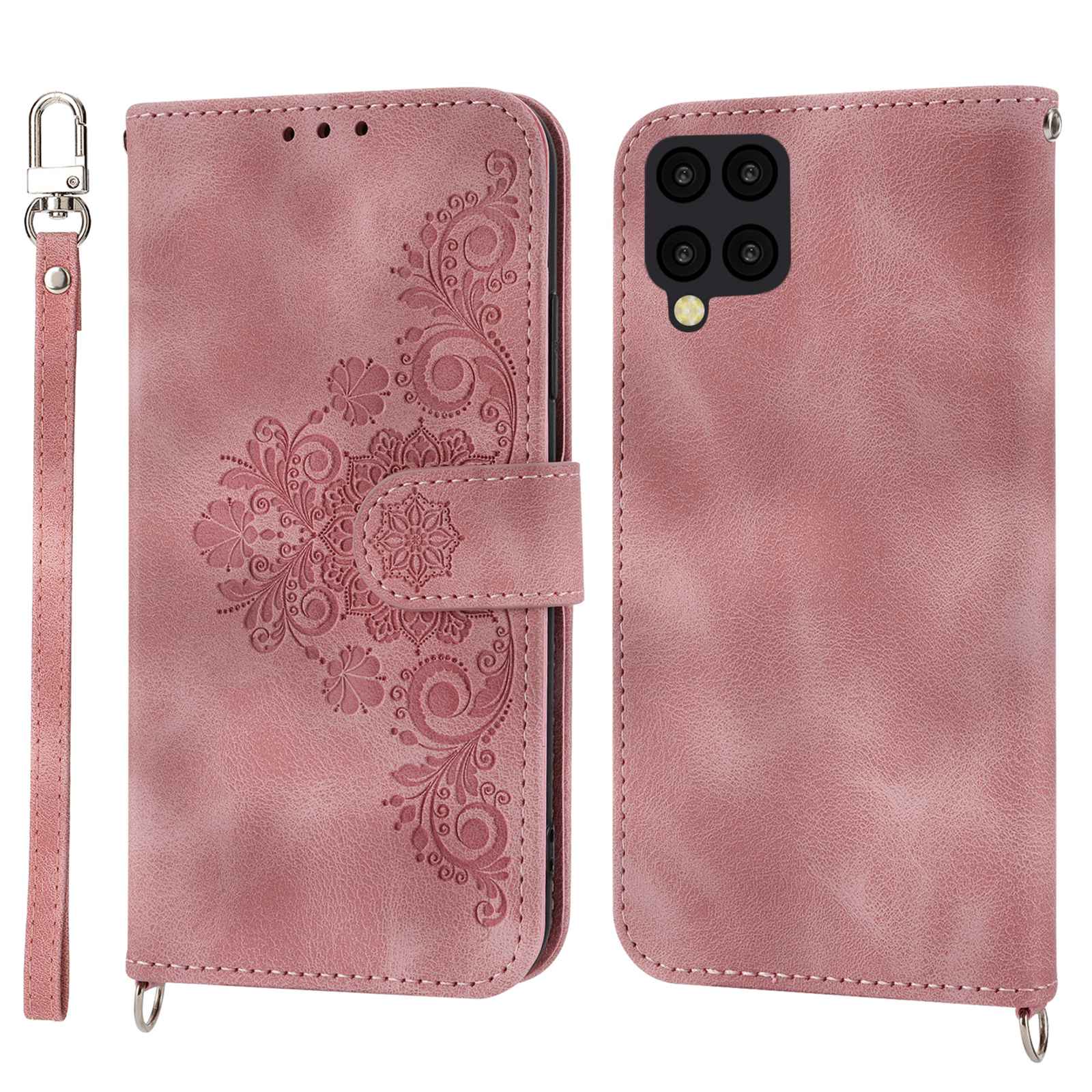 For Samsung Galaxy A12 Imprinted Flowers PU Leather Skin-touch Stand Phone Case Multiple Card Slots Wallet Cover with Wrist Strap and Shoulder Strap