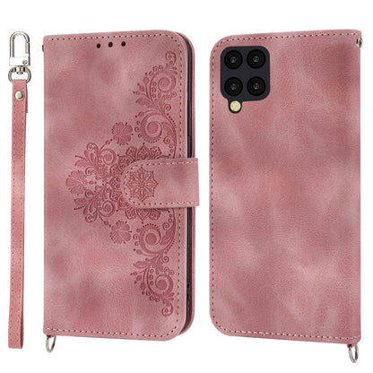 For Samsung Galaxy A12 Imprinted Flowers PU Leather Skin-touch Stand Phone Case Multiple Card Slots Wallet Cover with Wrist Strap and Shoulder Strap