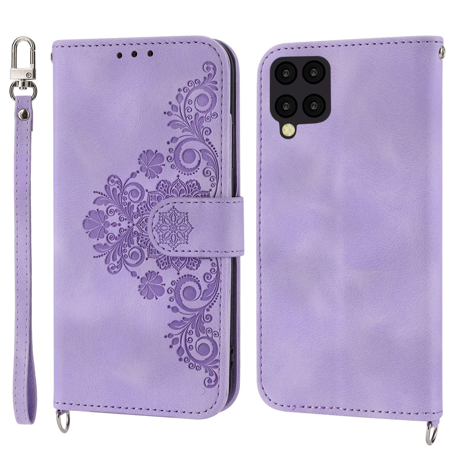 For Samsung Galaxy A12 Imprinted Flowers PU Leather Skin-touch Stand Phone Case Multiple Card Slots Wallet Cover with Wrist Strap and Shoulder Strap