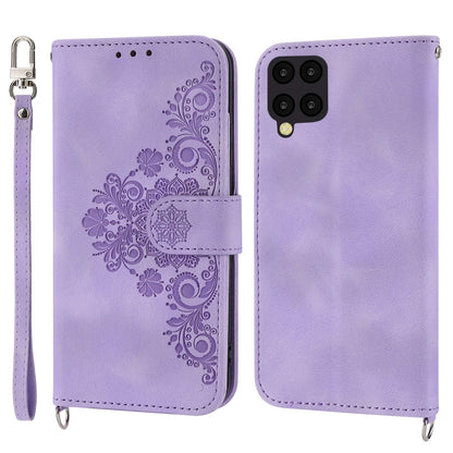 For Samsung Galaxy A12 Imprinted Flowers PU Leather Skin-touch Stand Phone Case Multiple Card Slots Wallet Cover with Wrist Strap and Shoulder Strap