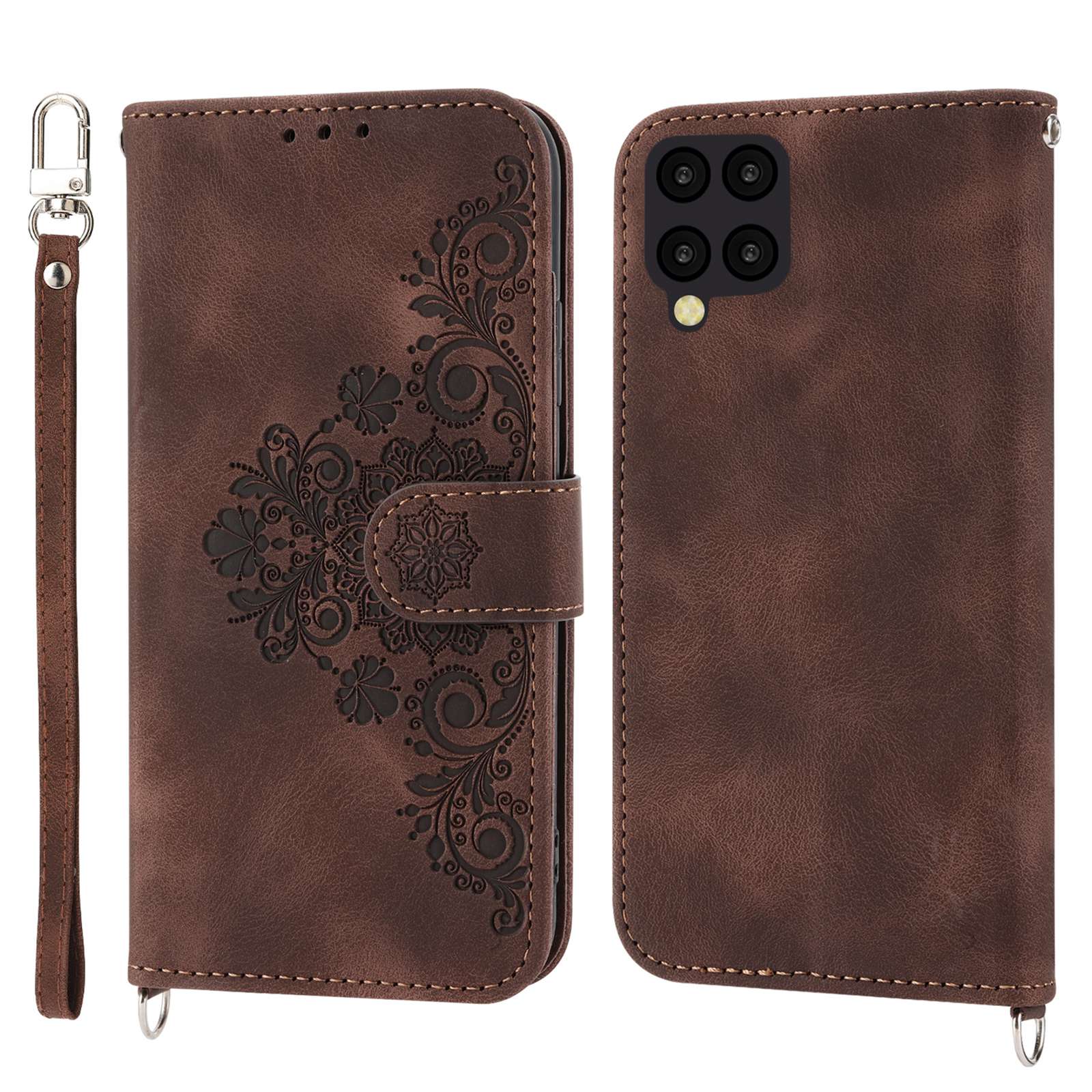 For Samsung Galaxy A12 Imprinted Flowers PU Leather Skin-touch Stand Phone Case Multiple Card Slots Wallet Cover with Wrist Strap and Shoulder Strap