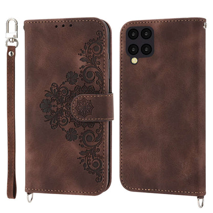 For Samsung Galaxy A12 Imprinted Flowers PU Leather Skin-touch Stand Phone Case Multiple Card Slots Wallet Cover with Wrist Strap and Shoulder Strap