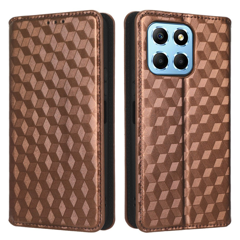 For Honor X6 4G / Play6C 4G / X8 5G Rhombus Pattern Imprinted Magnetic Closure Phone Cover PU Leather Flip Wallet Stand Drop-proof Phone Case