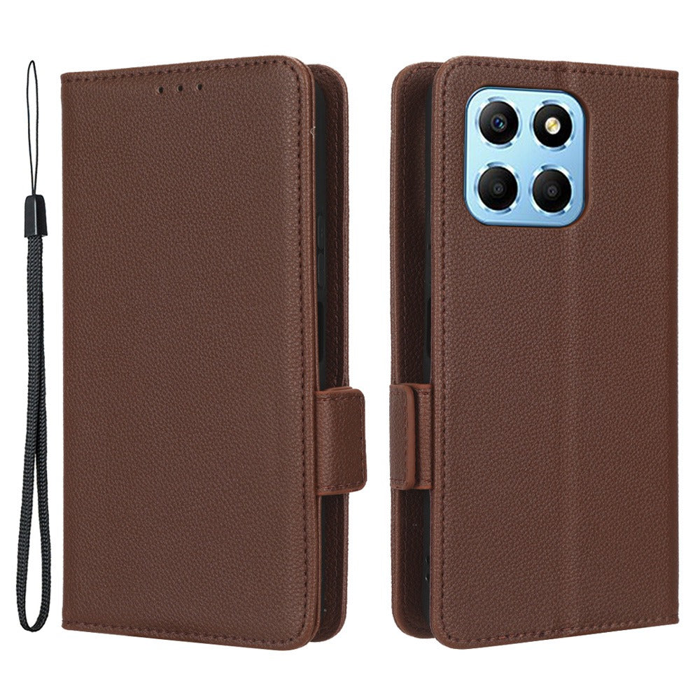 Anti-drop Litchi Texture Phone Cover for Honor X6 4G / Play6C 4G / X8 5G, PU Leather Dual Magnetic Clasp Flip Wallet Case