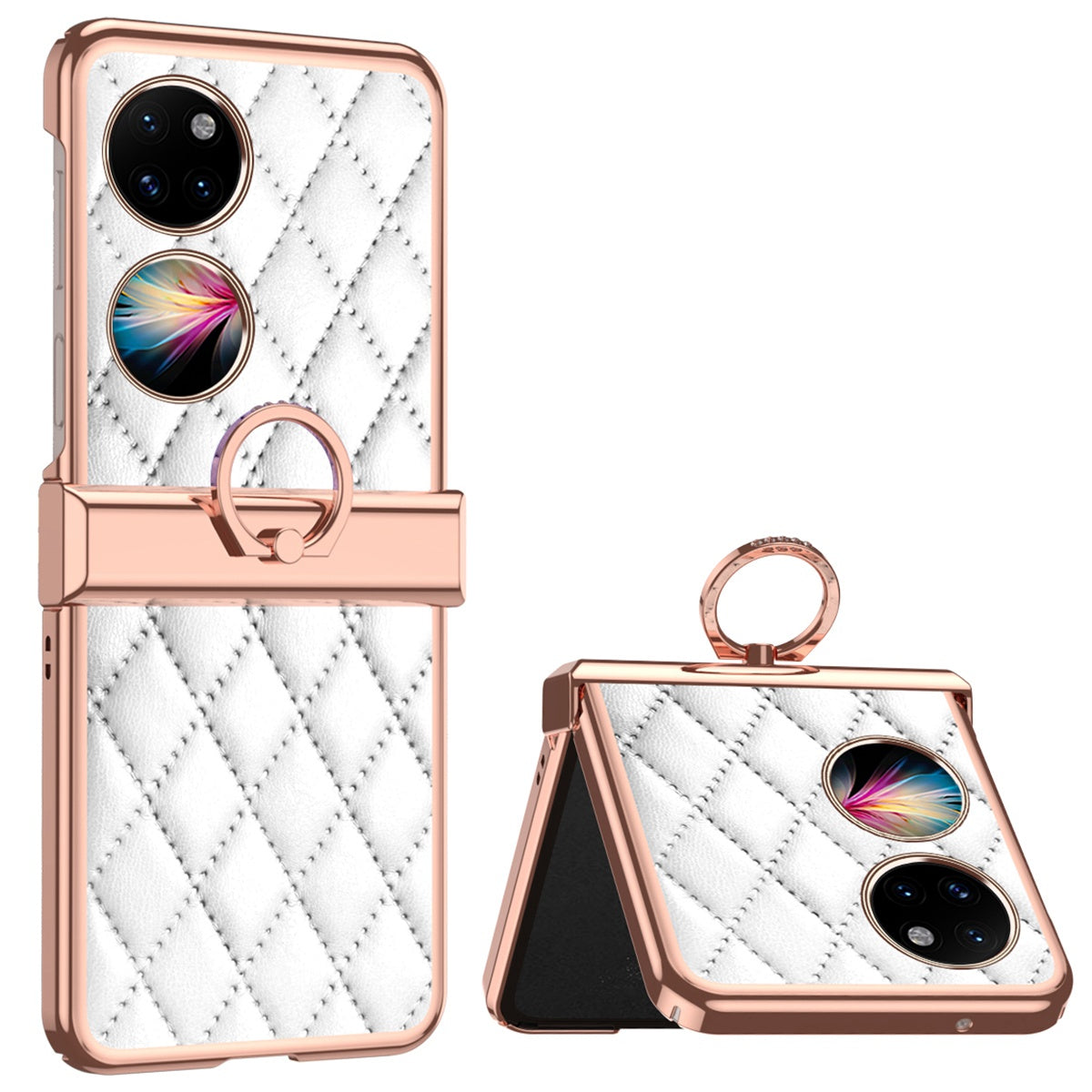For Huawei P50 Pocket Ring Kickstand Phone Case Imprinted Rhombus Grid Pattern Electroplating PU Leather Coated PC Back Cover