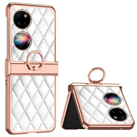 For Huawei P50 Pocket Ring Kickstand Phone Case Imprinted Rhombus Grid Pattern Electroplating PU Leather Coated PC Back Cover