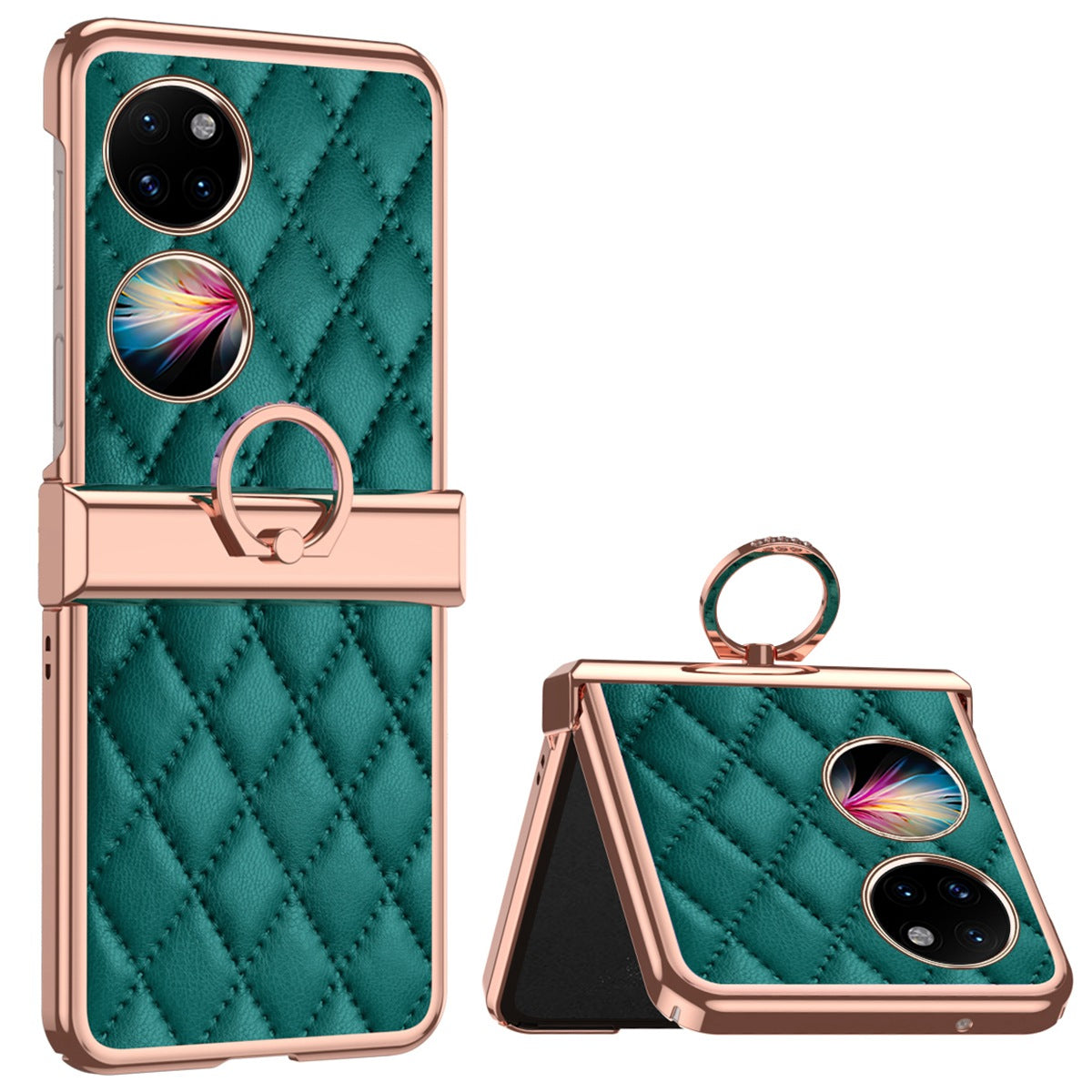 For Huawei P50 Pocket Ring Kickstand Phone Case Imprinted Rhombus Grid Pattern Electroplating PU Leather Coated PC Back Cover