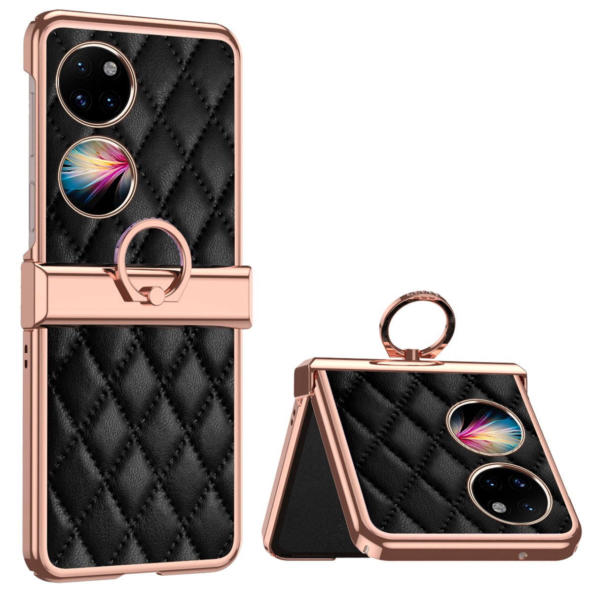 For Huawei P50 Pocket Ring Kickstand Phone Case Imprinted Rhombus Grid Pattern Electroplating PU Leather Coated PC Back Cover