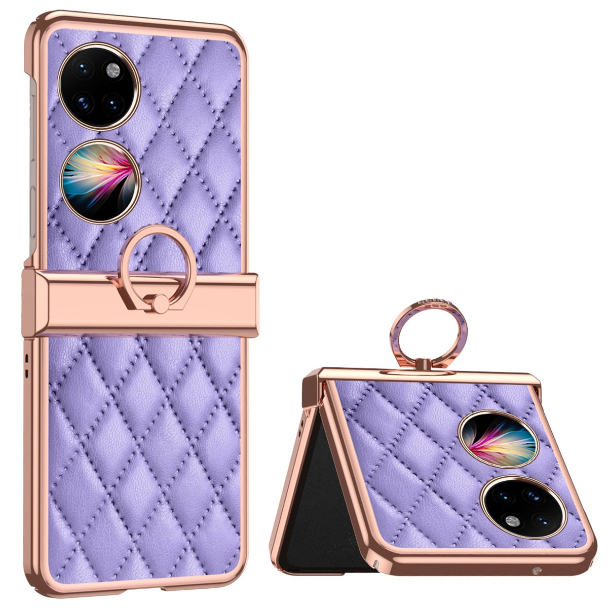 For Huawei P50 Pocket Ring Kickstand Phone Case Imprinted Rhombus Grid Pattern Electroplating PU Leather Coated PC Back Cover