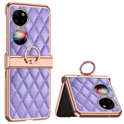 For Huawei P50 Pocket Ring Kickstand Phone Case Imprinted Rhombus Grid Pattern Electroplating PU Leather Coated PC Back Cover