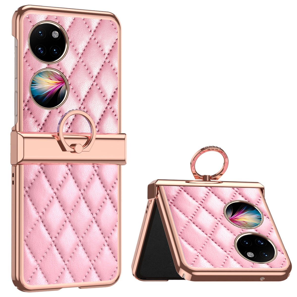 For Huawei P50 Pocket Ring Kickstand Phone Case Imprinted Rhombus Grid Pattern Electroplating PU Leather Coated PC Back Cover