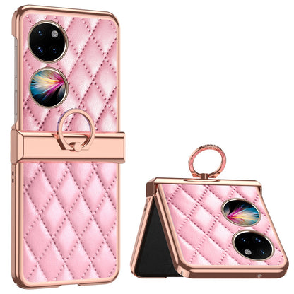 For Huawei P50 Pocket Ring Kickstand Phone Case Imprinted Rhombus Grid Pattern Electroplating PU Leather Coated PC Back Cover