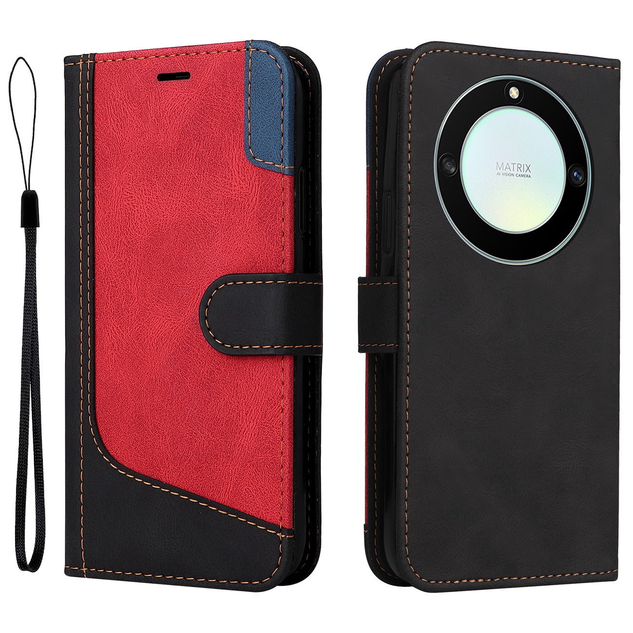 For Honor X40 5G Three-color Splicing PU Leather Stand Cover Collision Resistant Phone Wallet Case with Wrist Strap