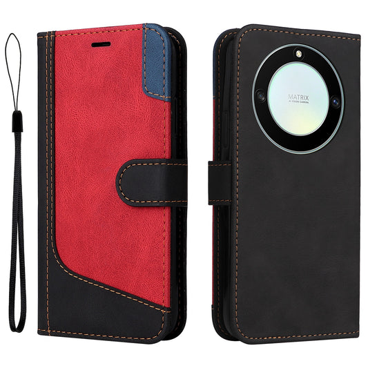 For Honor X40 5G Three-color Splicing PU Leather Stand Cover Collision Resistant Phone Wallet Case with Wrist Strap