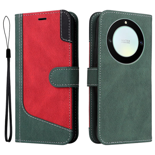 For Honor X40 5G Three-color Splicing PU Leather Stand Cover Collision Resistant Phone Wallet Case with Wrist Strap