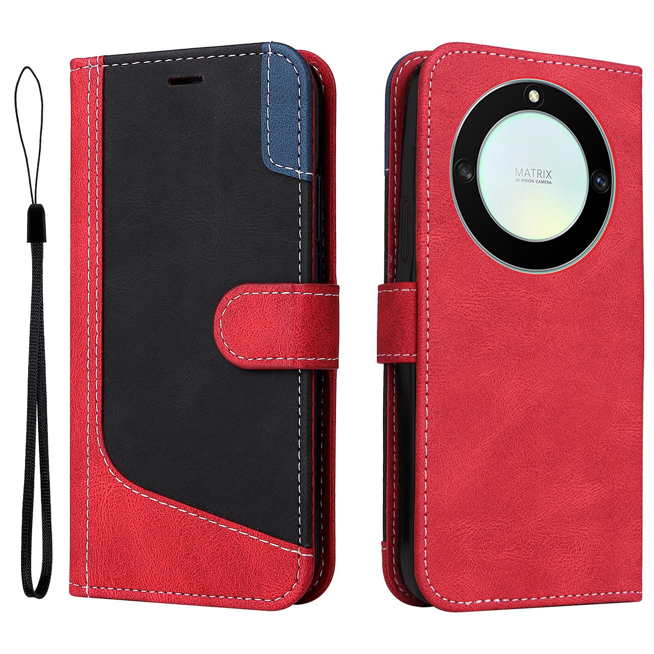 For Honor X40 5G Three-color Splicing PU Leather Stand Cover Collision Resistant Phone Wallet Case with Wrist Strap