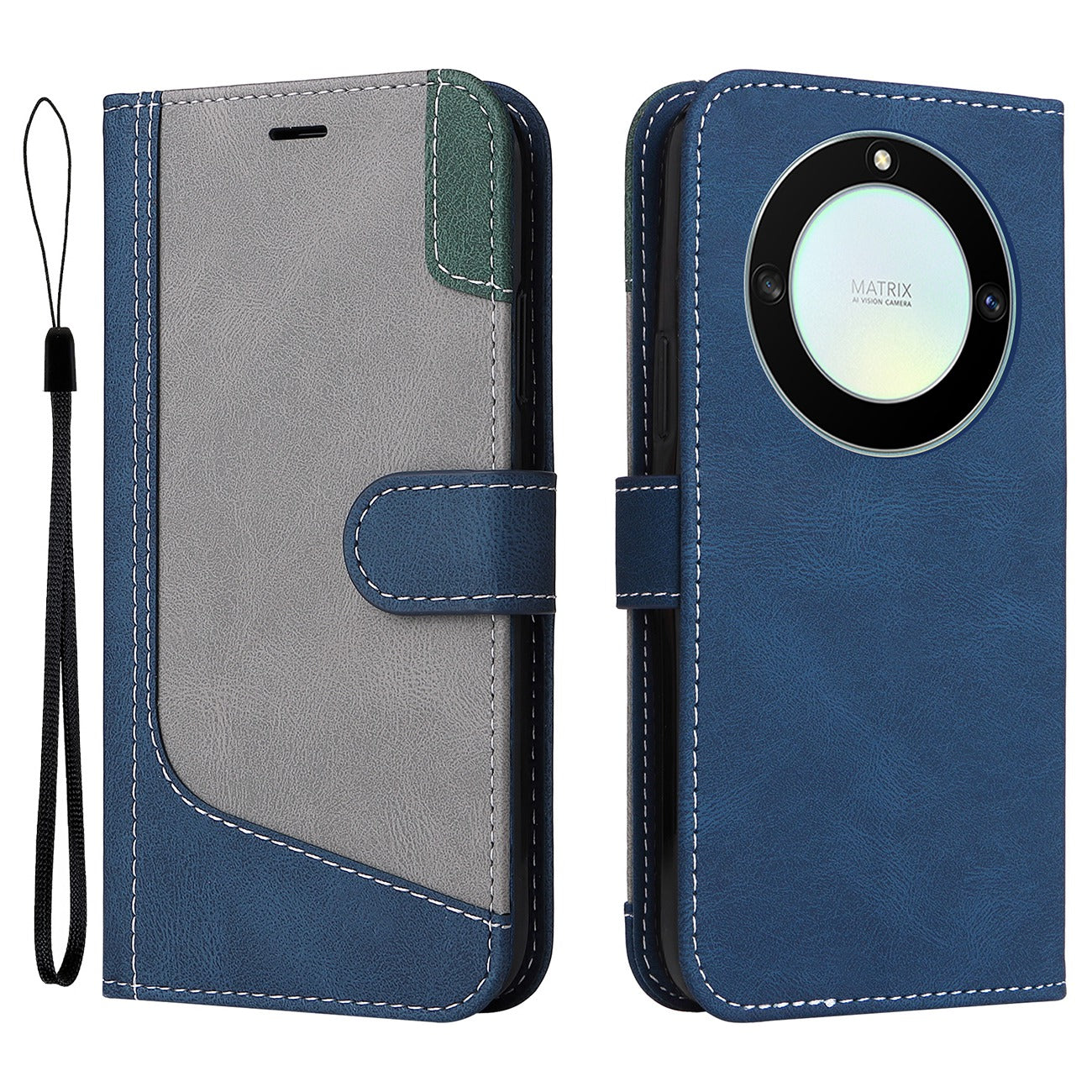 For Honor X40 5G Three-color Splicing PU Leather Stand Cover Collision Resistant Phone Wallet Case with Wrist Strap
