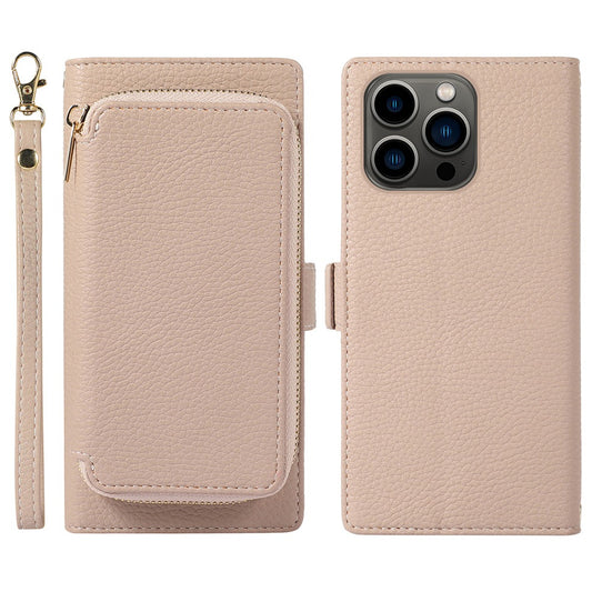 2-in-1 Wallet Phone Case for iPhone 14 Pro Max Litchi Texture Anti-Fall Cover Magnetic PU Leather Stand Case with Zipper Card Bag / Strap