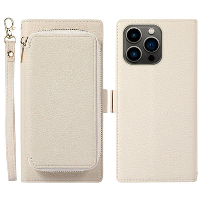 2-in-1 Wallet Phone Case for iPhone 14 Pro Max Litchi Texture Anti-Fall Cover Magnetic PU Leather Stand Case with Zipper Card Bag / Strap