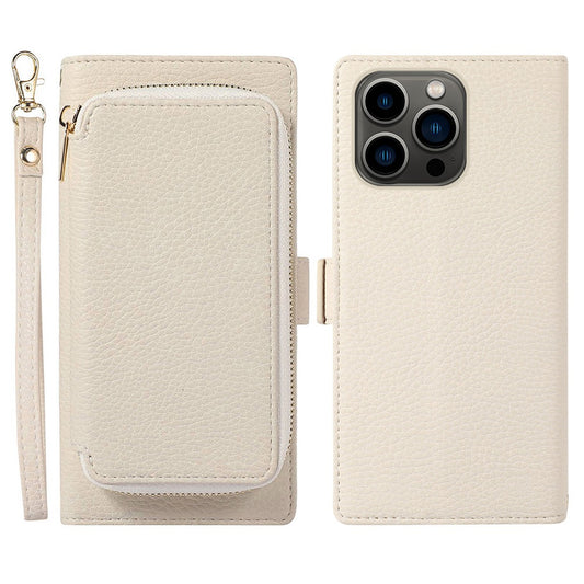 2-in-1 Wallet Phone Case for iPhone 14 Pro Max Litchi Texture Anti-Fall Cover Magnetic PU Leather Stand Case with Zipper Card Bag / Strap
