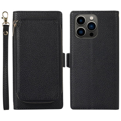2-in-1 Wallet Phone Case for iPhone 14 Pro Max Litchi Texture Anti-Fall Cover Magnetic PU Leather Stand Case with Zipper Card Bag / Strap