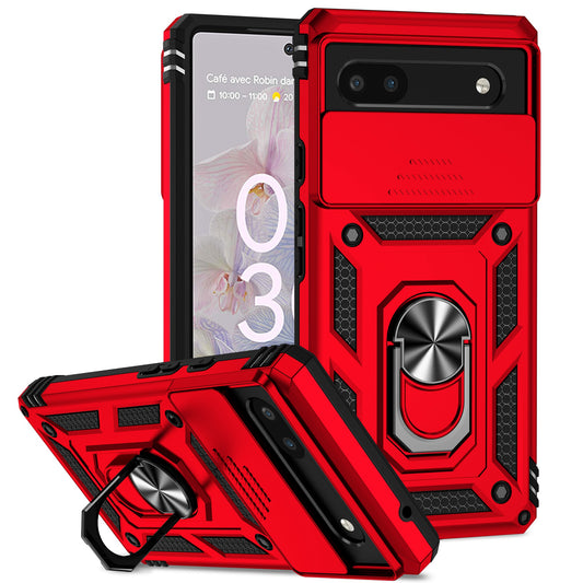 Drop-proof Back Case for Google Pixel 6a, Slide Camera Protector Design PC + TPU Protective Phone Cover with Metal Ring Kickstand
