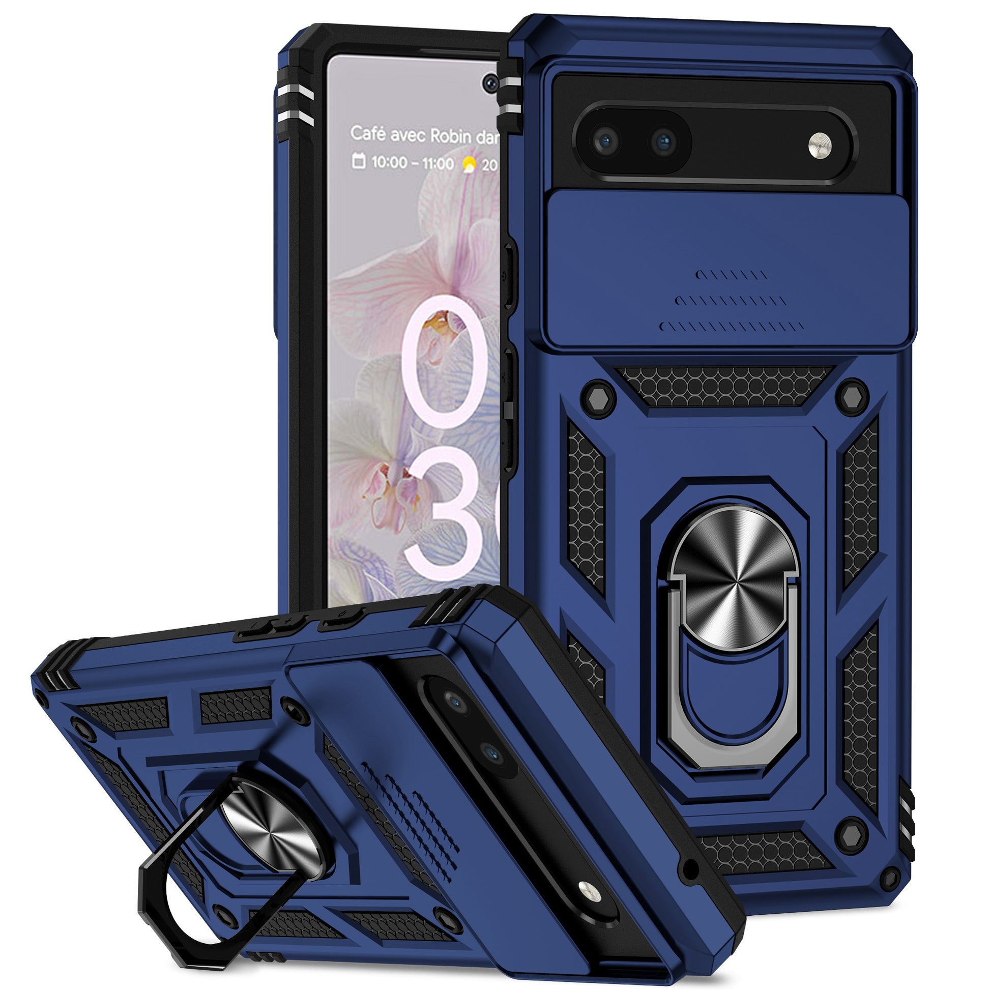 Drop-proof Back Case for Google Pixel 6a, Slide Camera Protector Design PC + TPU Protective Phone Cover with Metal Ring Kickstand
