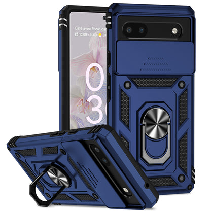Drop-proof Back Case for Google Pixel 6a, Slide Camera Protector Design PC + TPU Protective Phone Cover with Metal Ring Kickstand