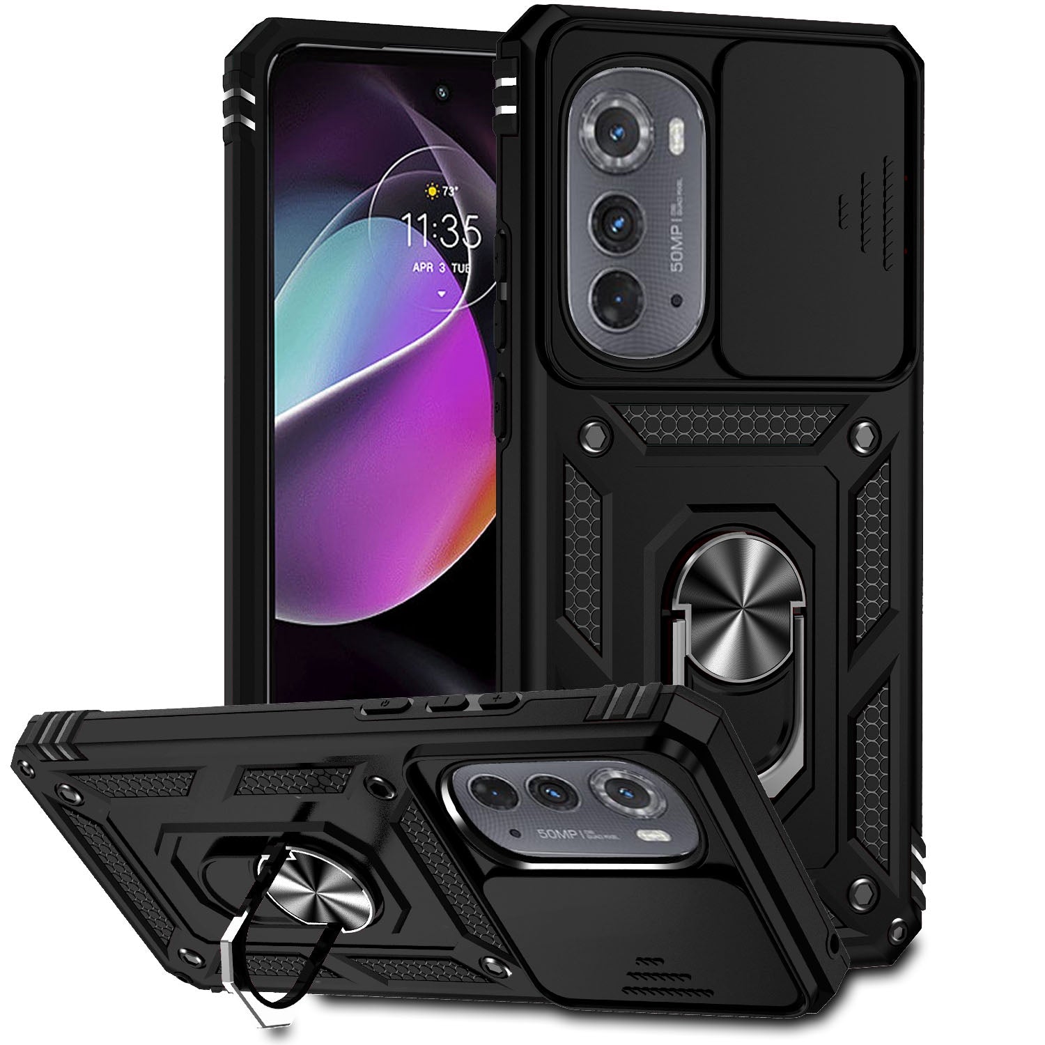 For Motorola Edge (2022) 5G Slide Camera Lid Design PC + TPU Protective Phone Cover Drop-proof Back Case with Metal Ring Kickstand