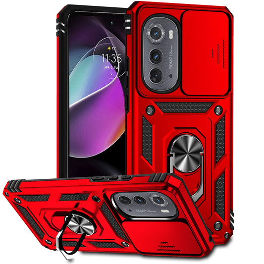 For Motorola Edge (2022) 5G Slide Camera Lid Design PC + TPU Protective Phone Cover Drop-proof Back Case with Metal Ring Kickstand