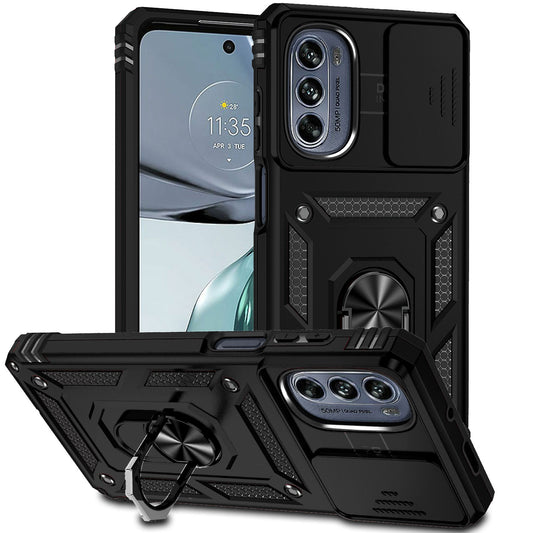 For Motorola Moto G62 5G Metal Ring Kickstand PC + TPU Protective Back Cover Drop-proof Case with Slide Camera Lid