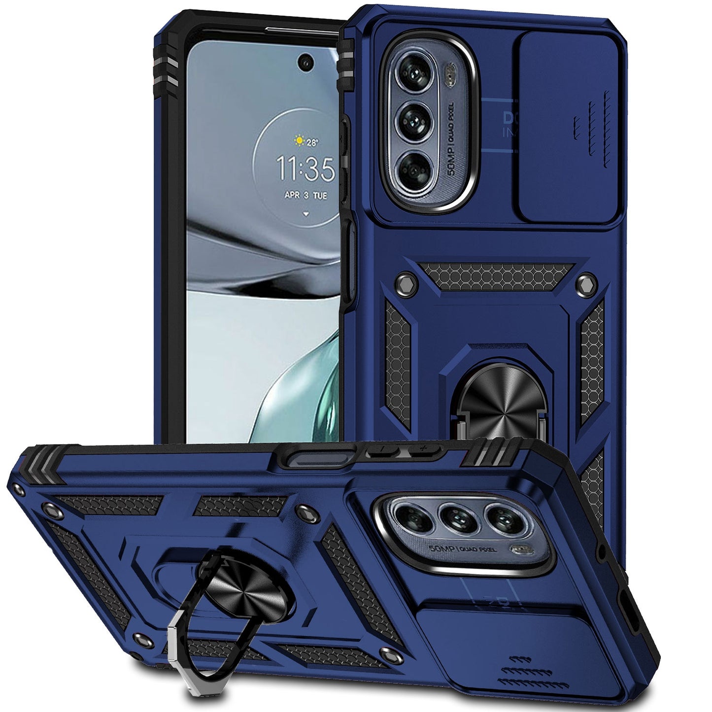 For Motorola Moto G62 5G Metal Ring Kickstand PC + TPU Protective Back Cover Drop-proof Case with Slide Camera Lid