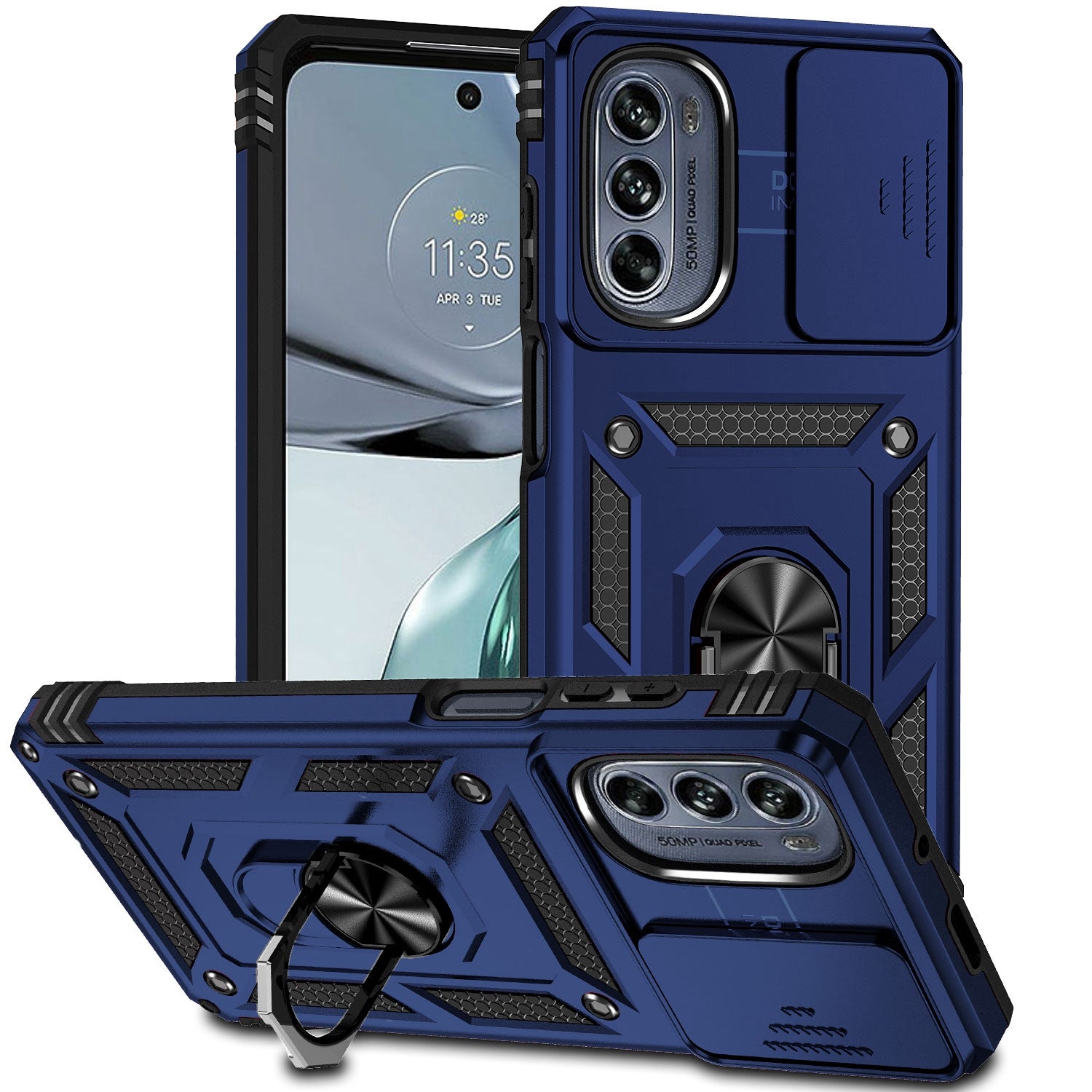 For Motorola Moto G62 5G Metal Ring Kickstand PC + TPU Protective Back Cover Drop-proof Case with Slide Camera Lid