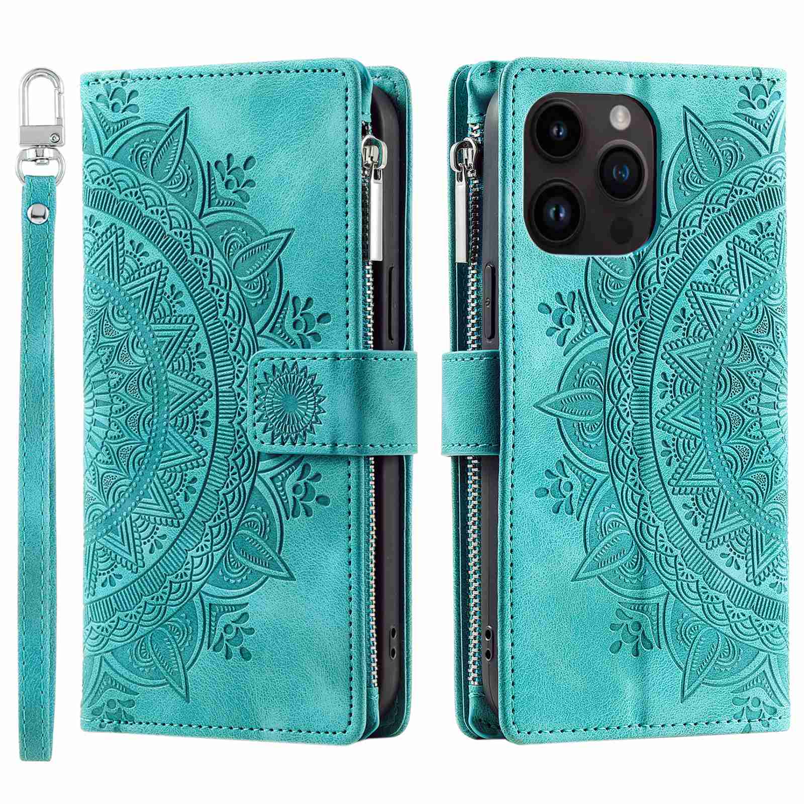 For iPhone 13 Pro 6.1 inch Zipper Pocket Wallet Multiple Card Slots Phone Cover Mandala Flower Imprinted Stand PU Leather Phone Case with Strap