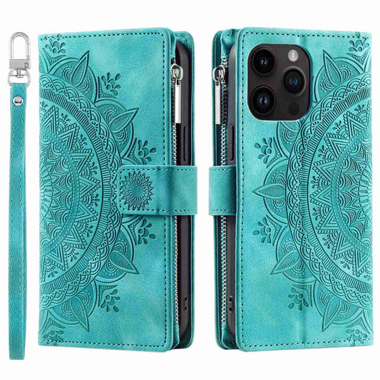 For iPhone 13 Pro 6.1 inch Zipper Pocket Wallet Multiple Card Slots Phone Cover Mandala Flower Imprinted Stand PU Leather Phone Case with Strap