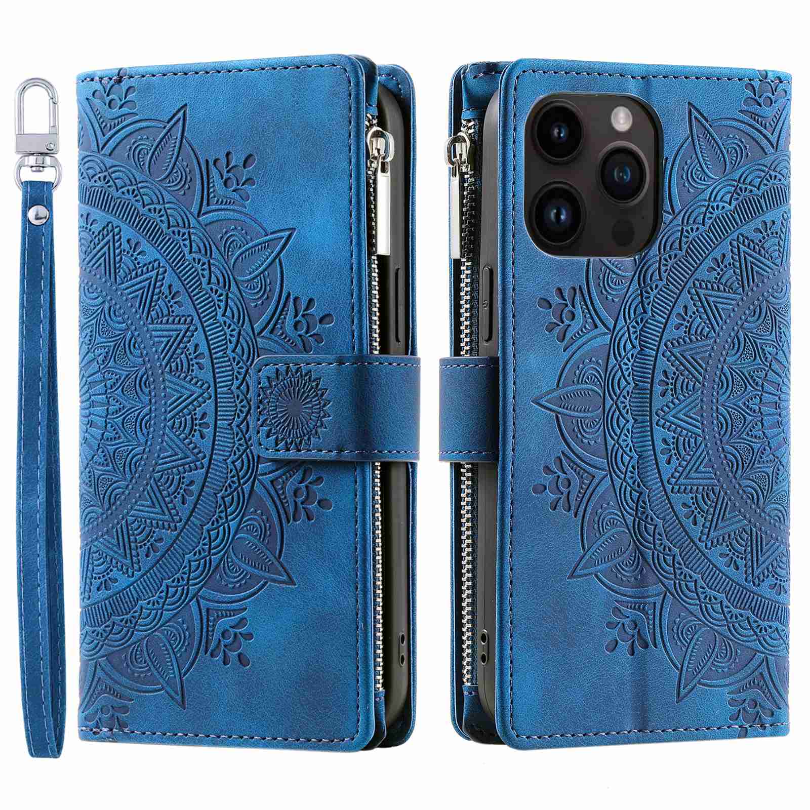 For iPhone 13 Pro 6.1 inch Zipper Pocket Wallet Multiple Card Slots Phone Cover Mandala Flower Imprinted Stand PU Leather Phone Case with Strap